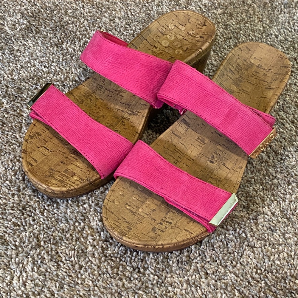 Vionic Pepper Ruched Pink Cork Wedge Sandals Gold Hardware TVW5251 Womens 11